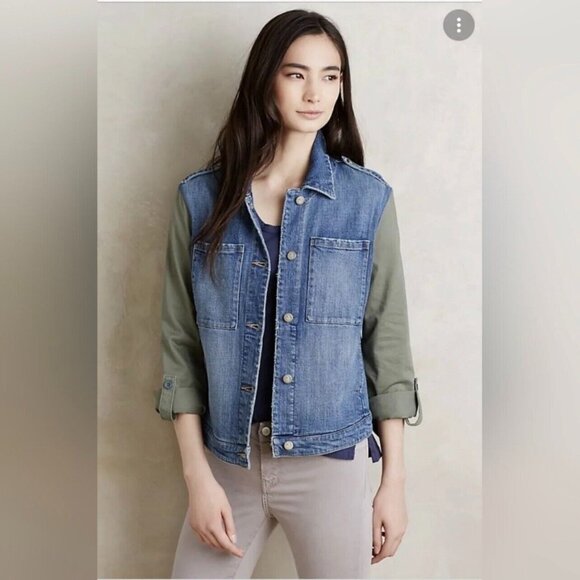 Anthropologie Pilcro & The Letterpress Denim Green Sleeve Back Jean Jacket Med - Picture 1 of 6